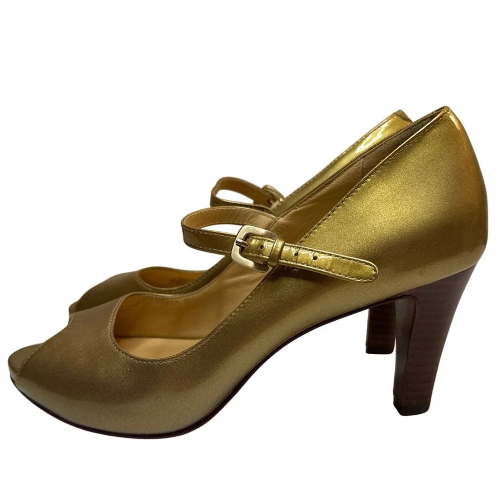 Cole Haan Peep Toe Mary Jane Heels Gold Metallic Patent Leather Buckle Shoes 6.5